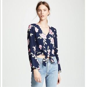 Cupcakes & Cashmere Blue Floral Tie Front Bell Sleeve Blouse, Size XS